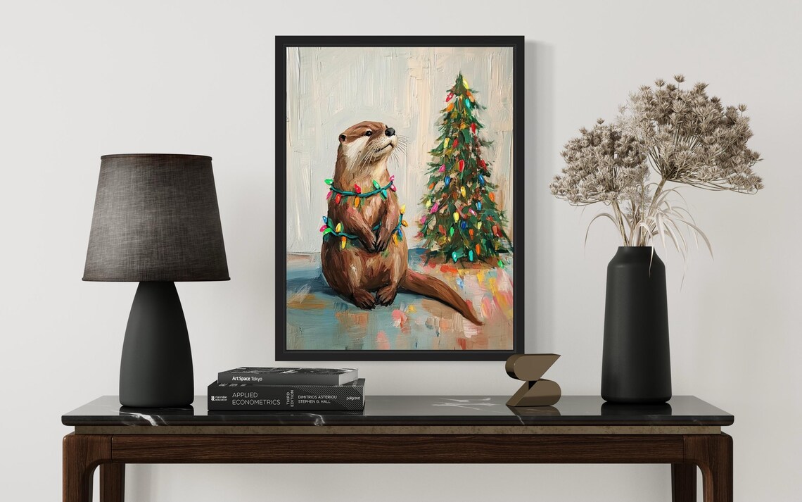 Otter Tangled in Christmas Lights Art Print - Image 3