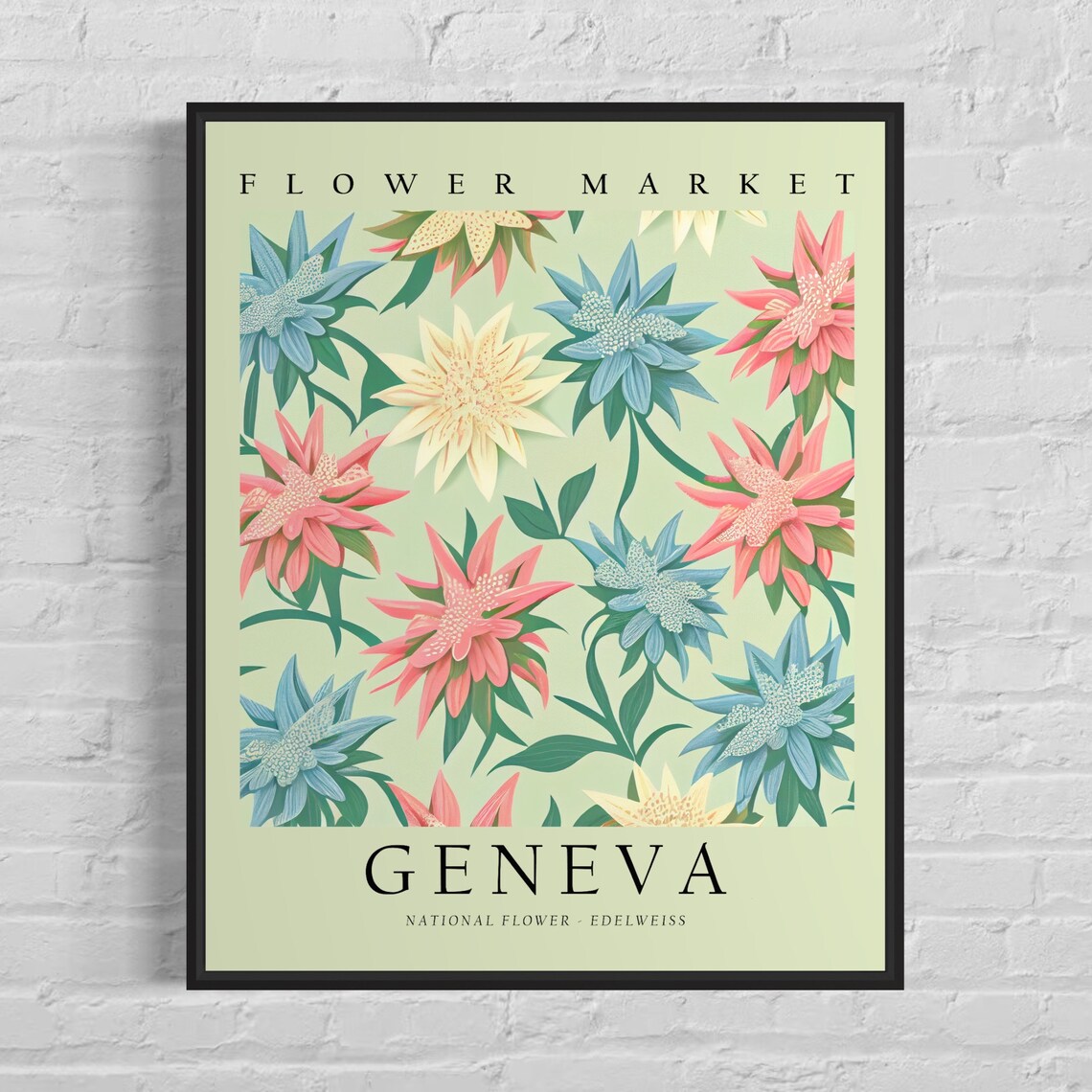 Geneva Flower Market Edelweiss Alpine Blossom Botanical Vintage Poster