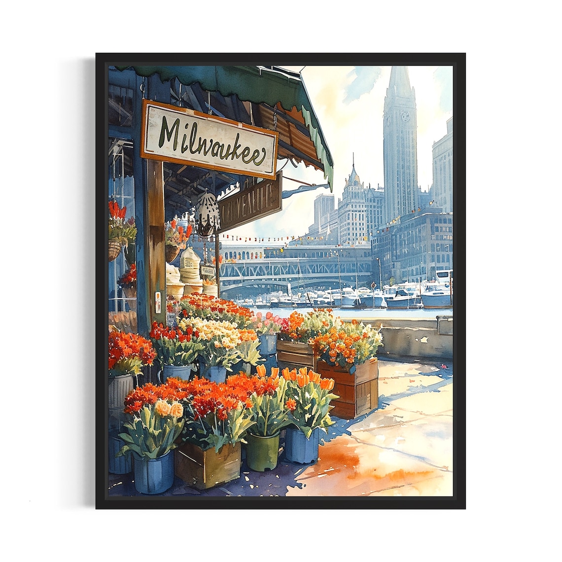 Milwaukee Flower Market Watercolor Poster Lakefront Tulip View