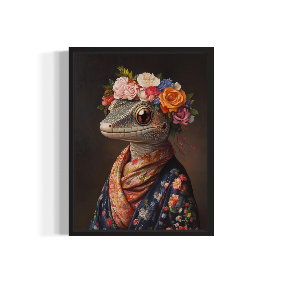 Gecko Flower Crown Kimono Portrait Japanese Style Reptile Poster