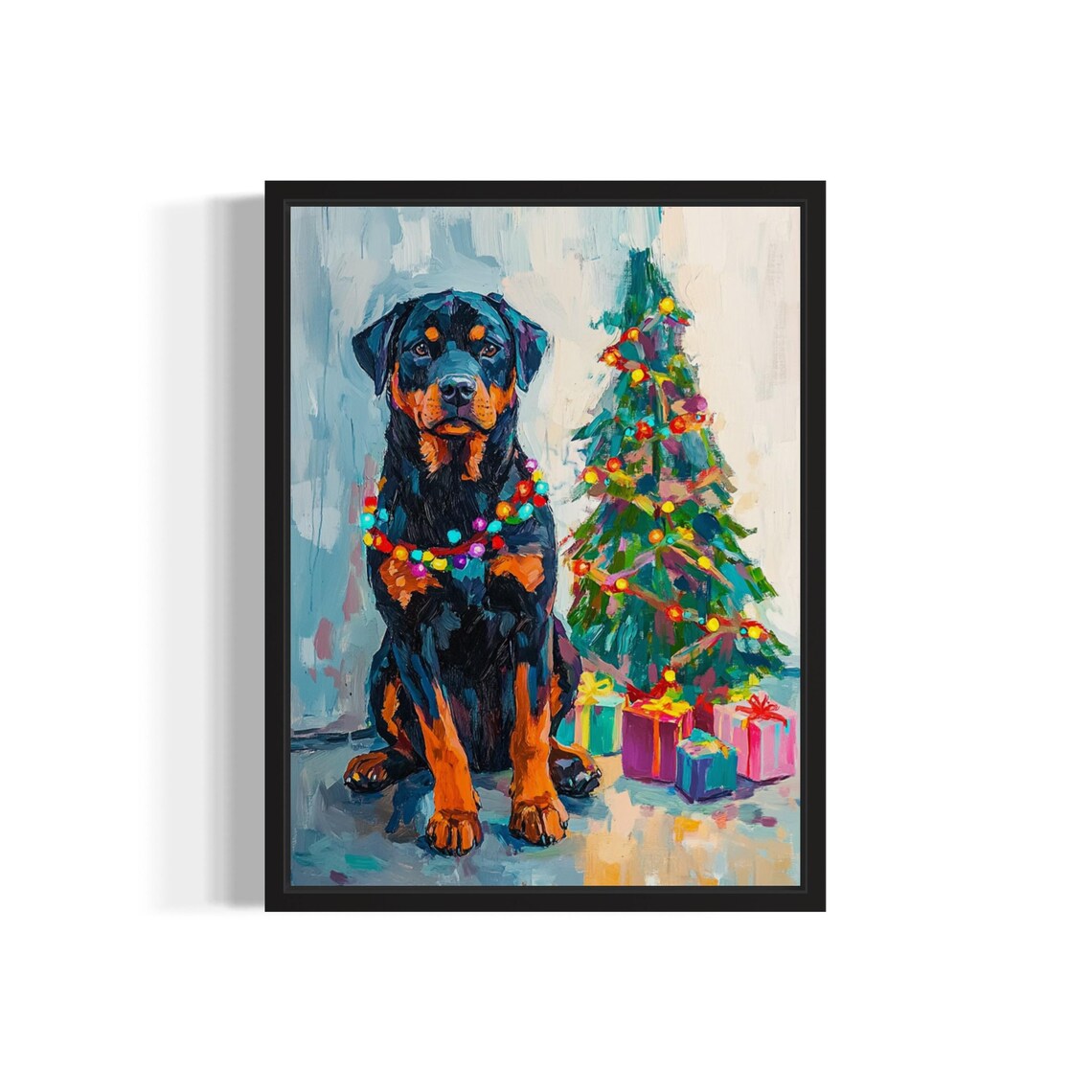 Rottweiler Dog Wrapped in Bright Christmas Lights Holiday Poster