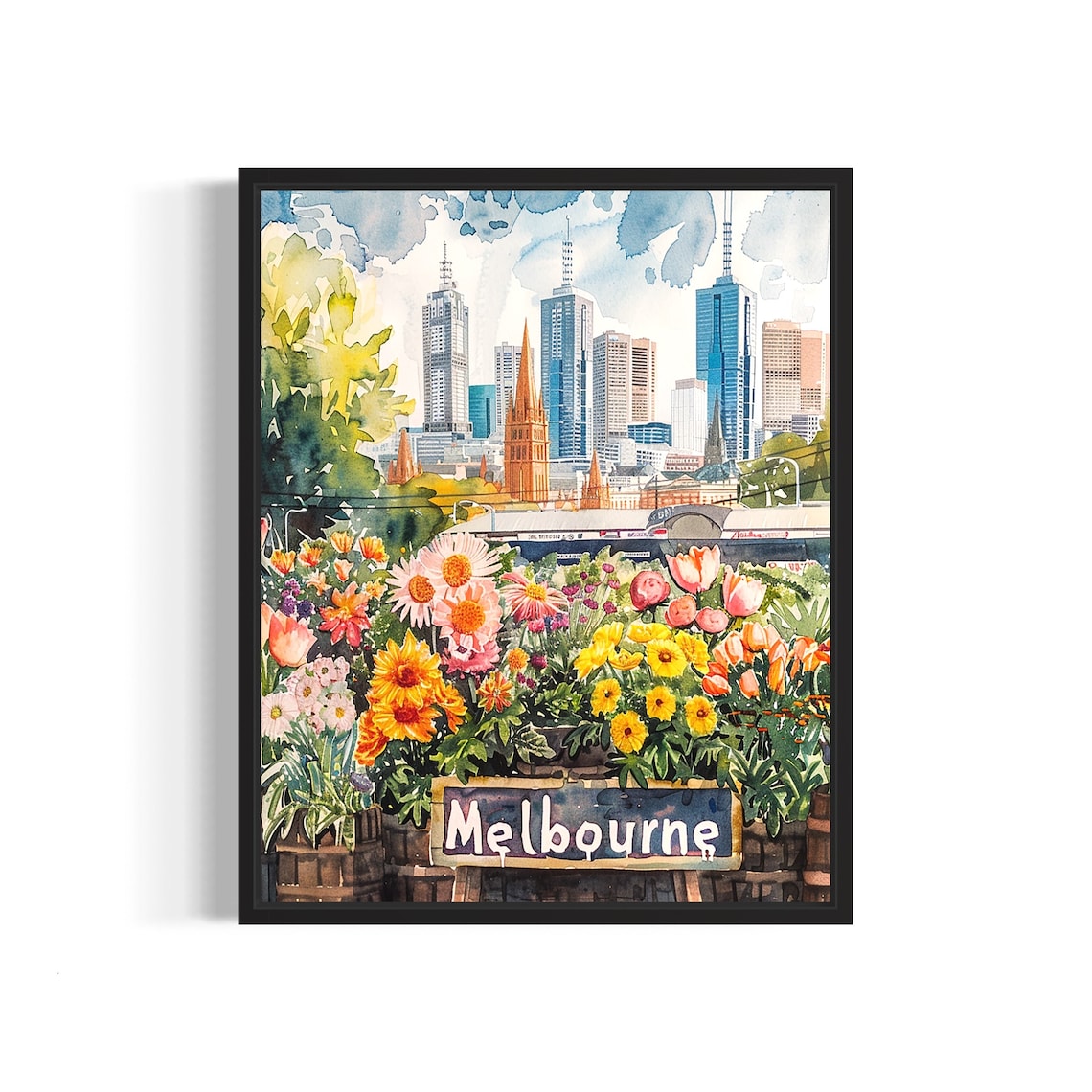 Melbourne Flower Market Watercolor Poster City Skyline Daisies