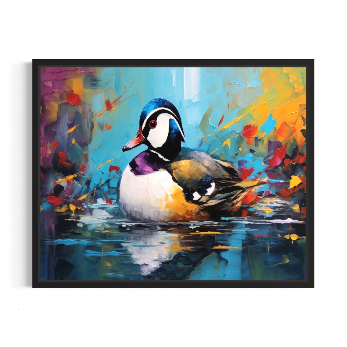 Colorful Duck Swimming in Vibrant Abstract Water Painting Poster