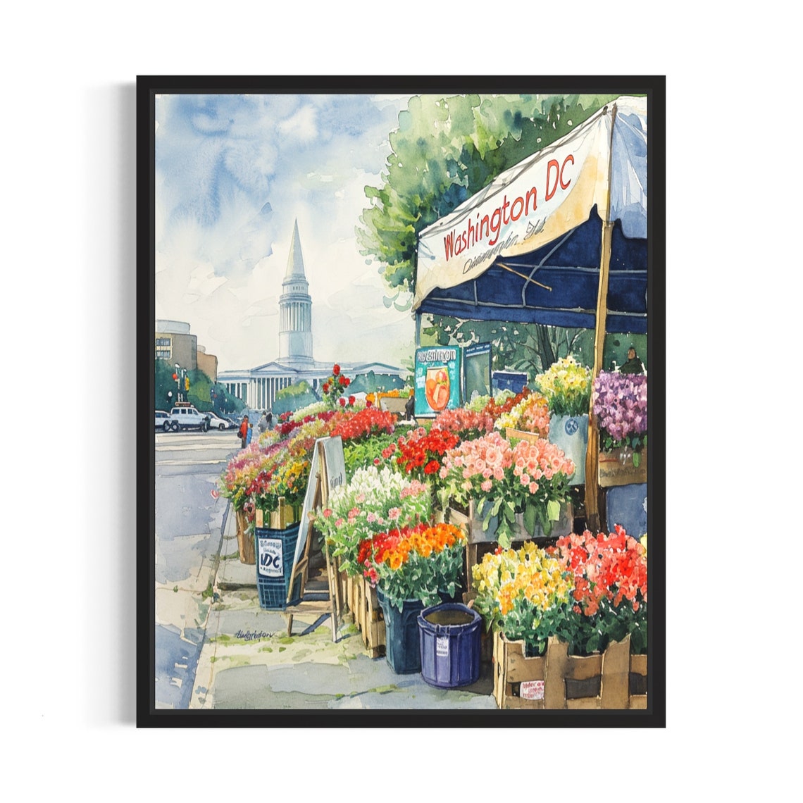 Washington DC Flower Market Watercolor Poster with Capitol View