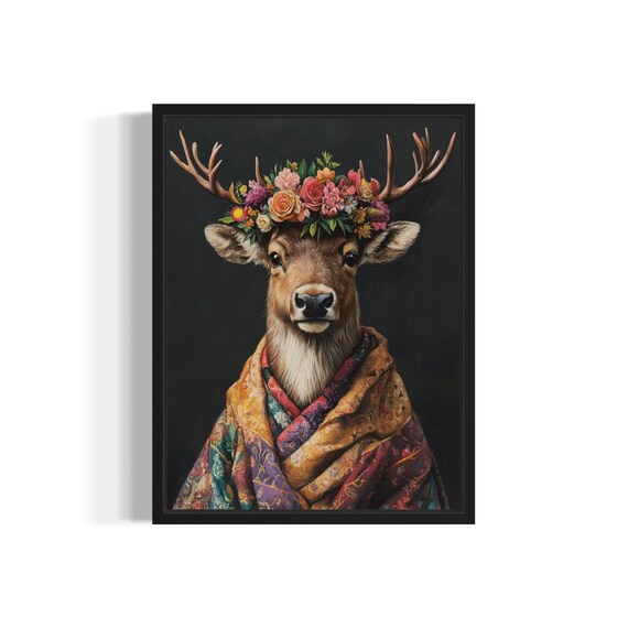 Reindeer Stag With Flower Crown In Patchwork Kimono Woodland Art Print