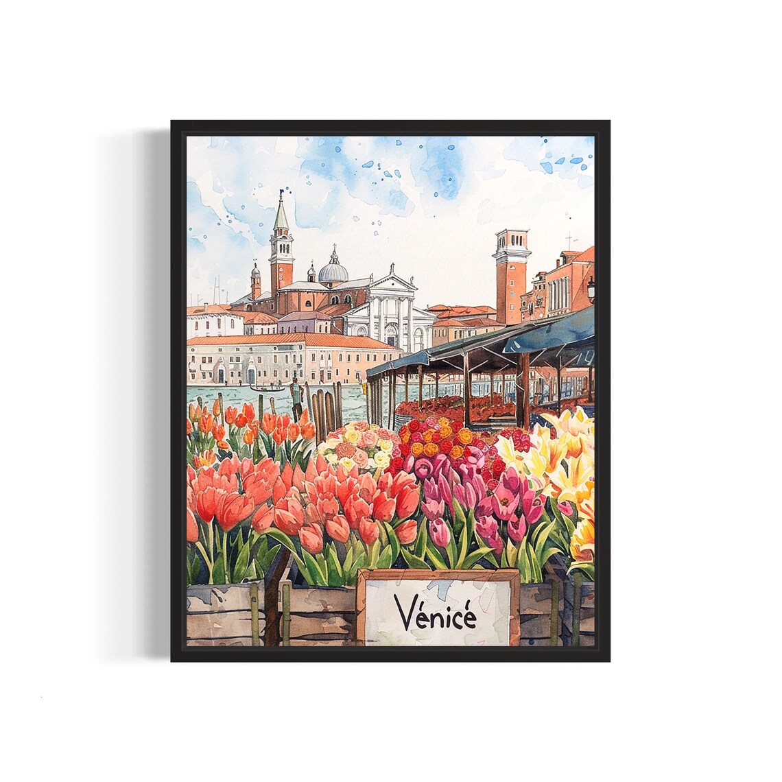 Venice Italy Grand Canal Tulip Watercolor Market Scene Poster