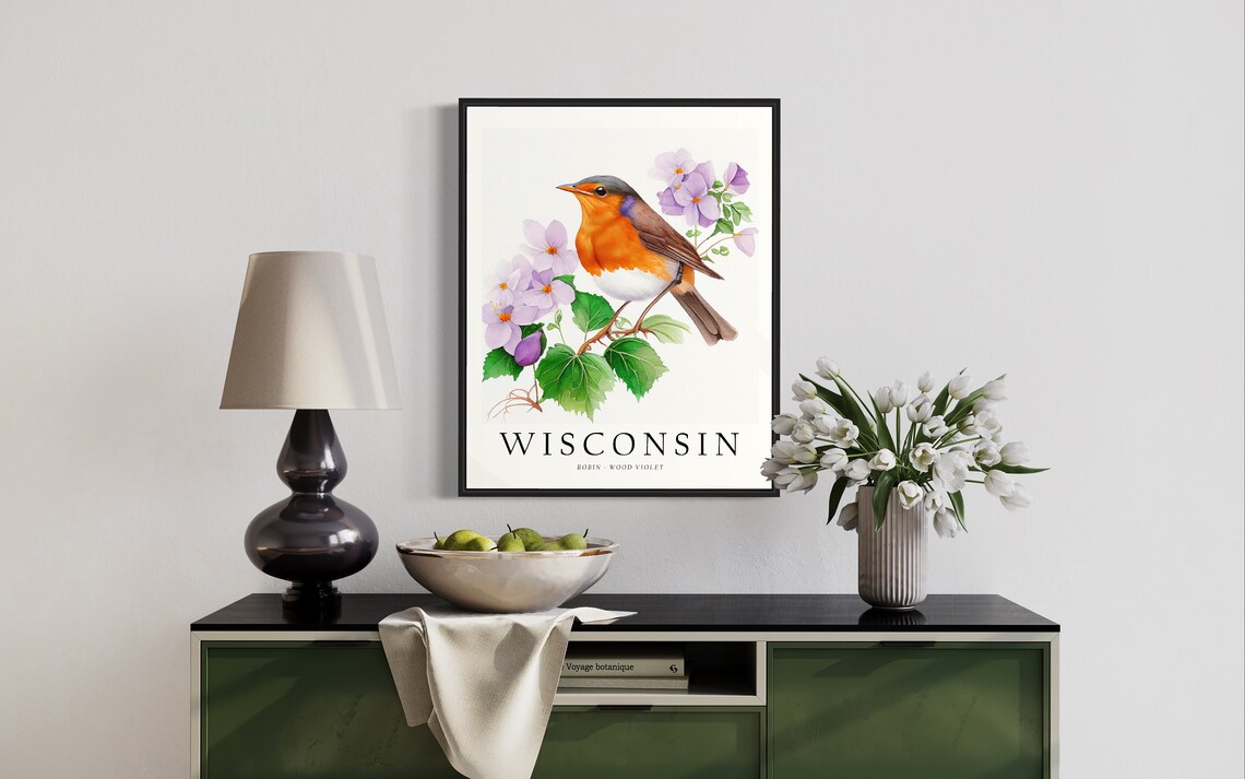 Wisconsin State Bird Art Print, State Flower - Image 2