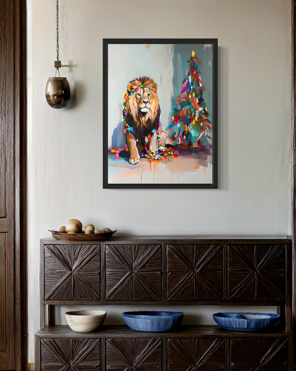 Lion Tangled In Christmas Lights Art Print, Holiday Season - Image 2