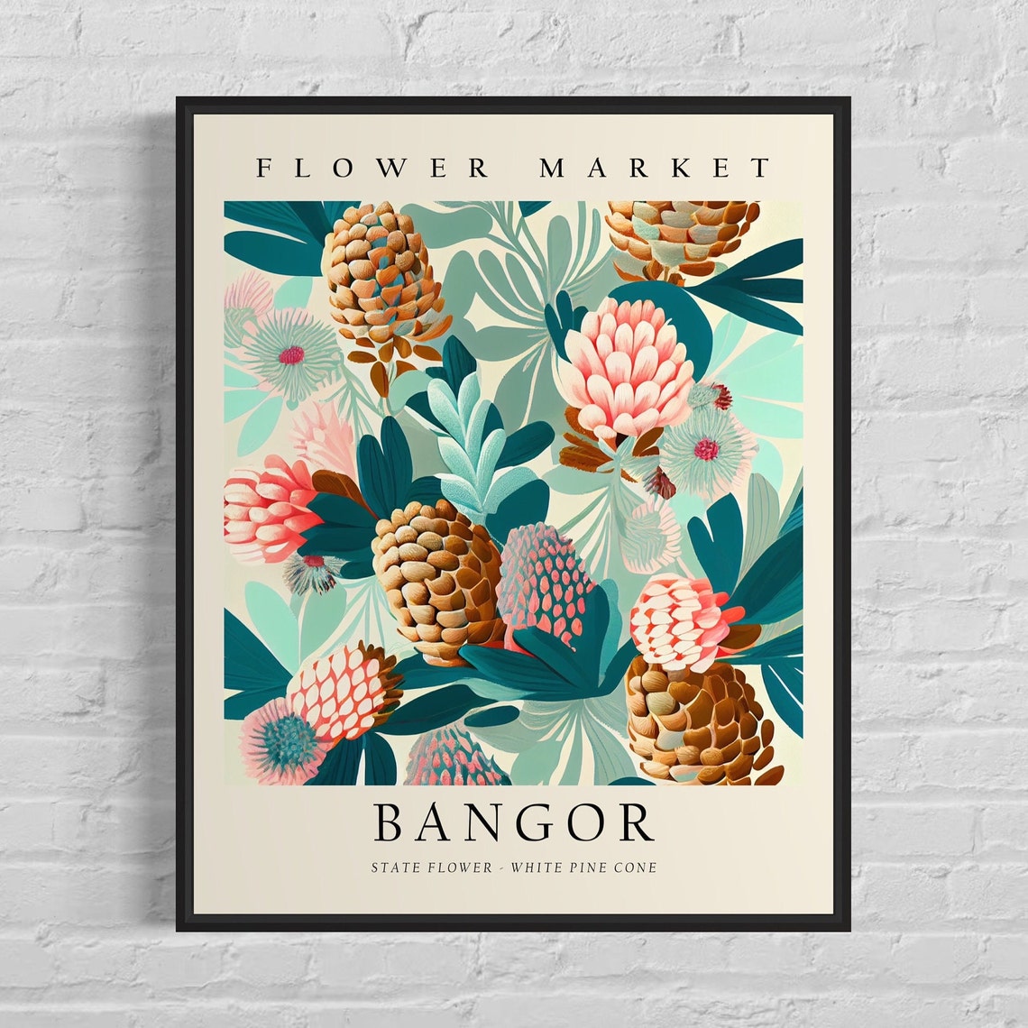 Bangor Maine White Pine Cone Flower Market Botanical Art Poster