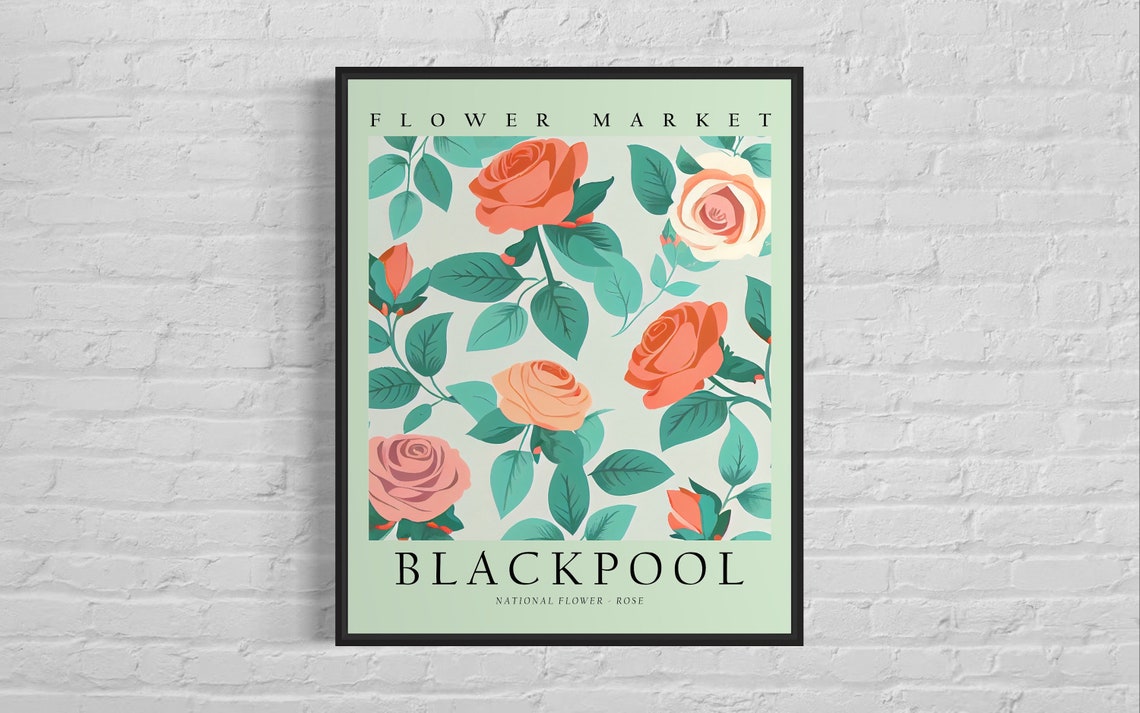Flower Market Blackpool Rose Scattered Coral Roses Mint Decor Poster