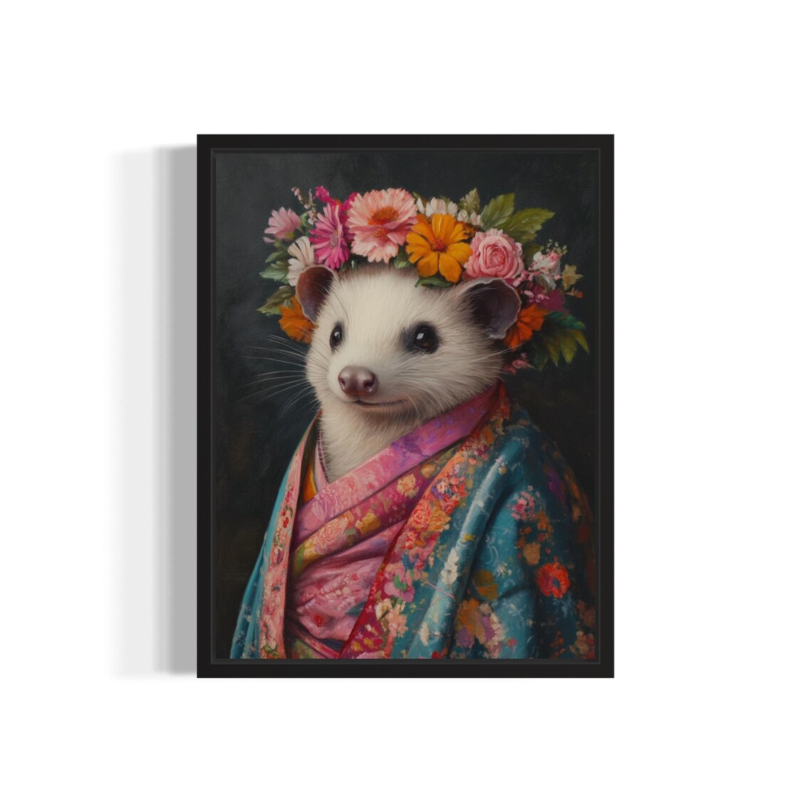 Opossum Poster Art Print, Animal Flowers in Kimono