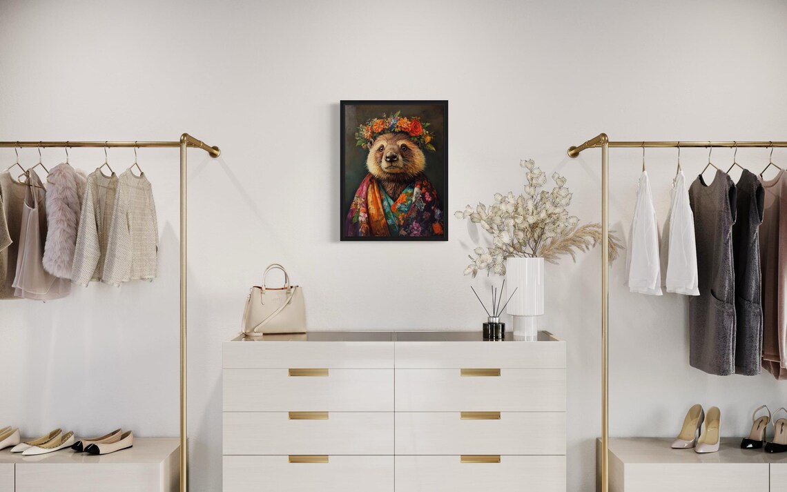 Beaver Flower Crown Kimono Portrait Japanese Style Cute Animal Poster - Image 2