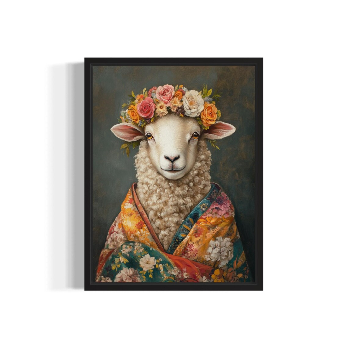 Sheep Wearing Floral Kimono and Flower Crown Portrait Poster
