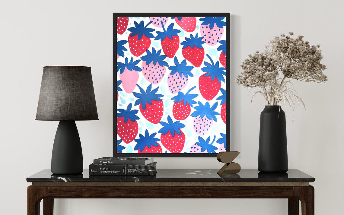 Strawberry Pattern Red Pink Blue Retro Fruit Kitchen Art Poster - Image 2