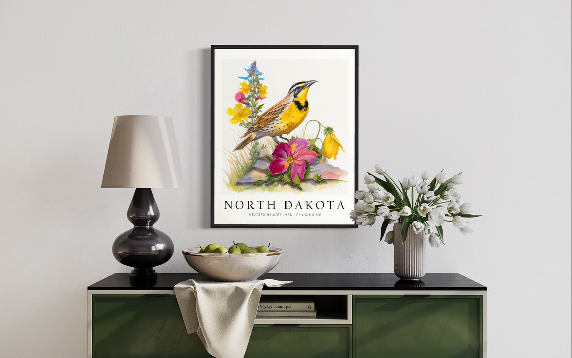 North Dakota Meadowlark Prairie Rose Bird Watercolor Print Art - Image 2