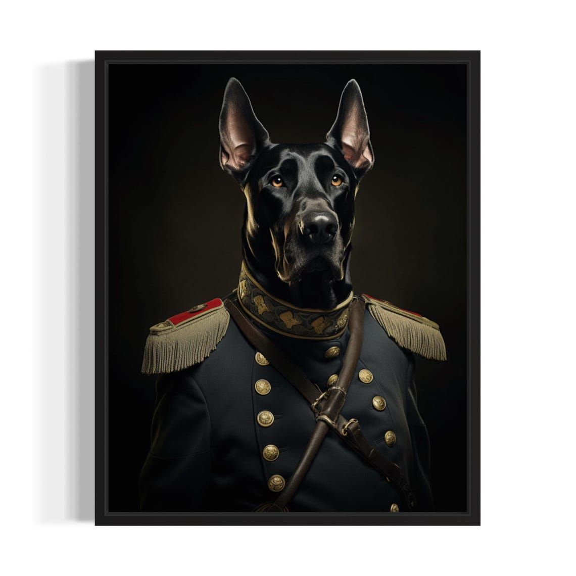 Black Great Dane Dog in Military General Uniform Portrait Poster