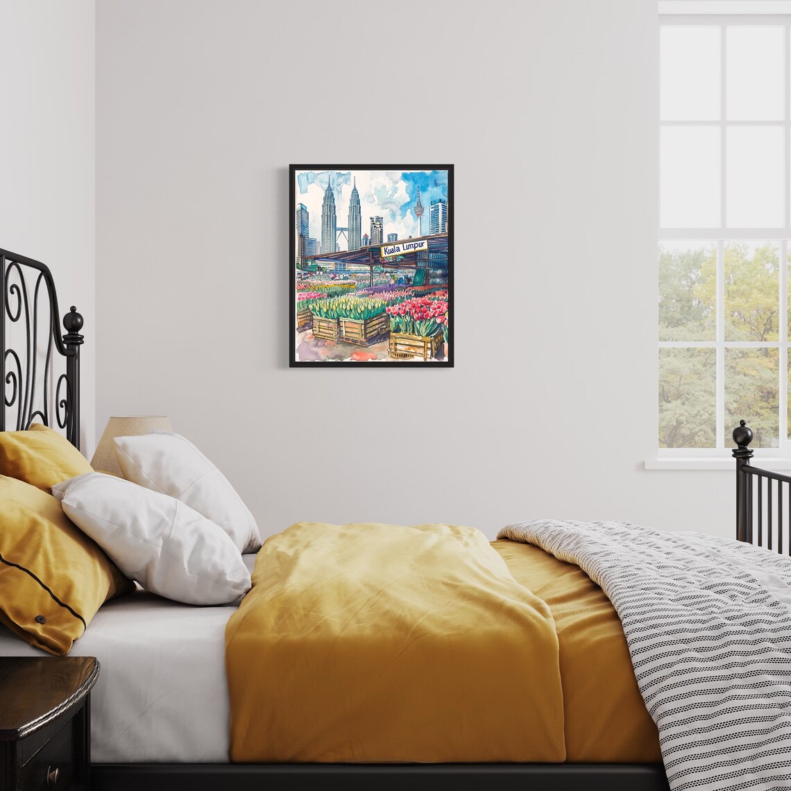 Kuala Lumpur Flower Market Watercolor Poster Twin Towers View - Image 3