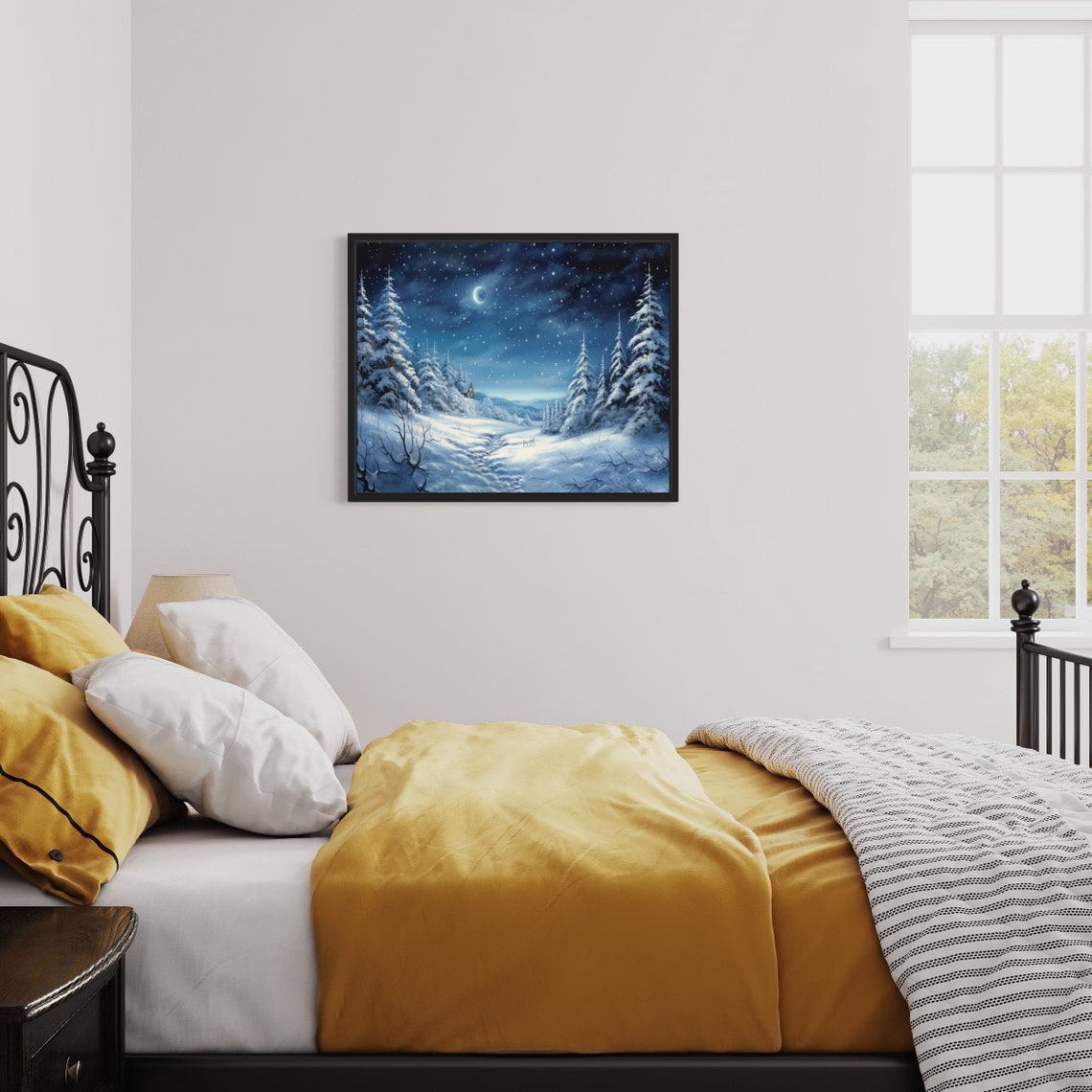 Winter Night Snowfall Crescent Moon Forest Landscape Art Print - Image 3
