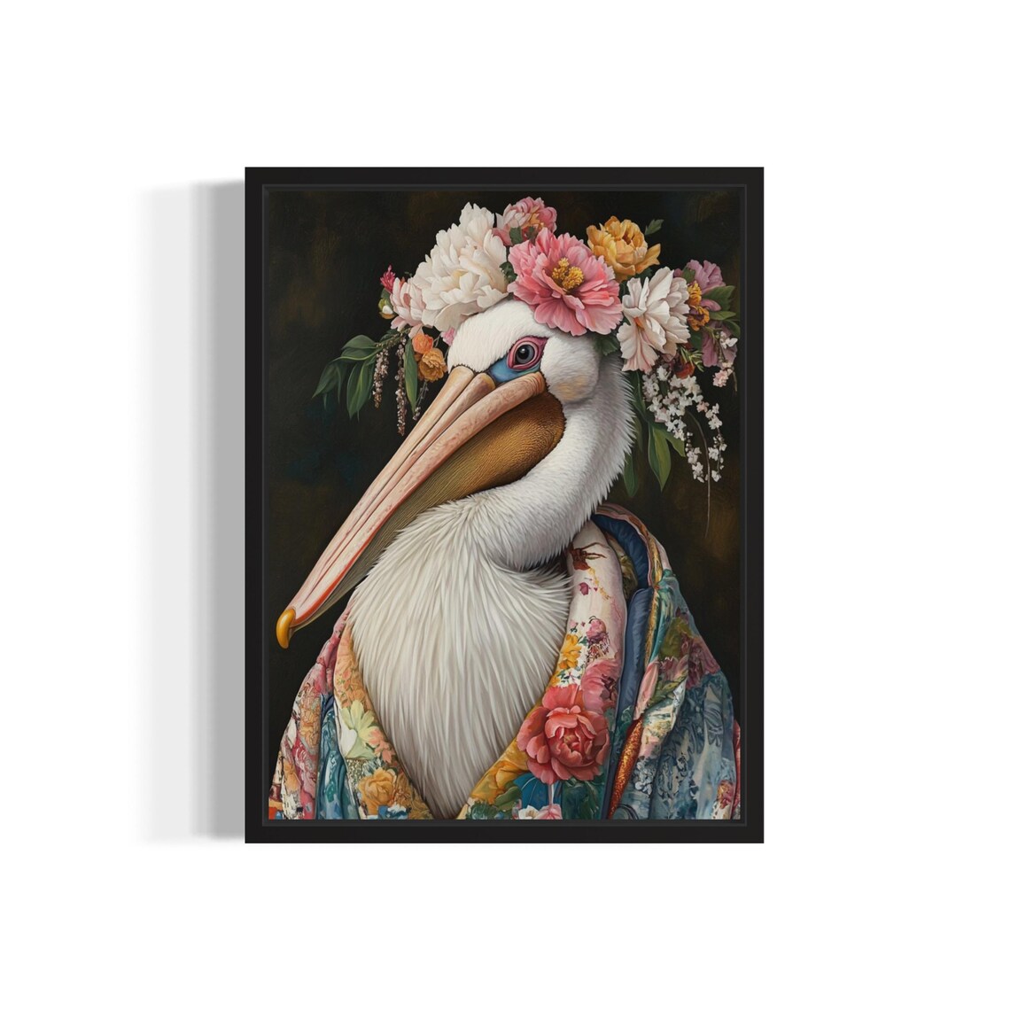 White Pelican With Blush Flower Crown In Floral Kimono Bird Art Print