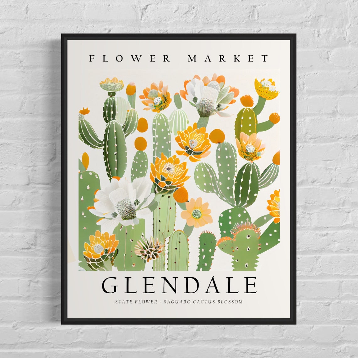 Glendale Arizona Saguaro Cactus Blossom Botanical Flower Market Poster