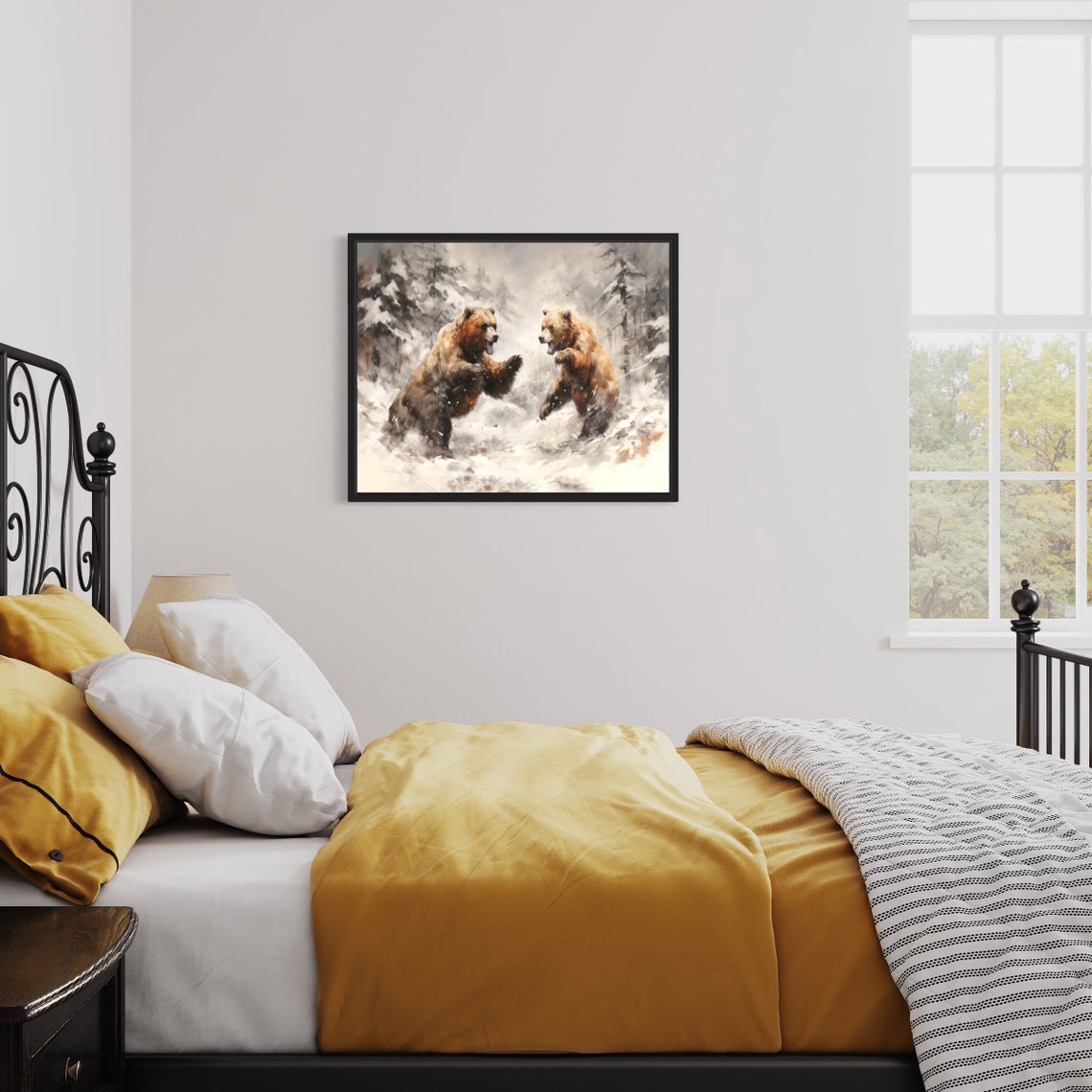 Two Brown Bears Play Fighting in Snowy Forest Painting Poster - Image 2