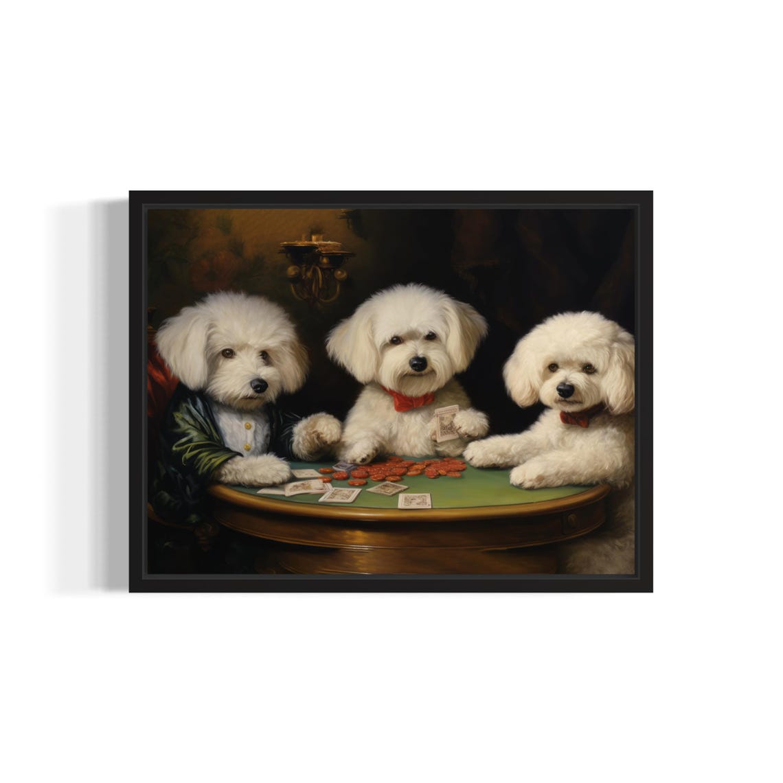 Three Bichon Frise Dogs Playing Poker Card Game Artwork Poster