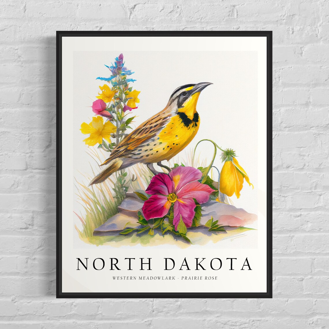 North Dakota Meadowlark Prairie Rose Bird Watercolor Print Art