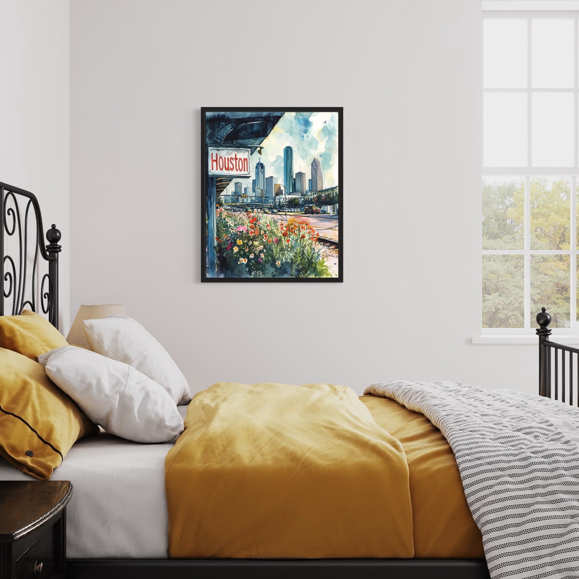 Houston Texas Skyline Watercolor Wildflower Scene Art Poster - Image 3
