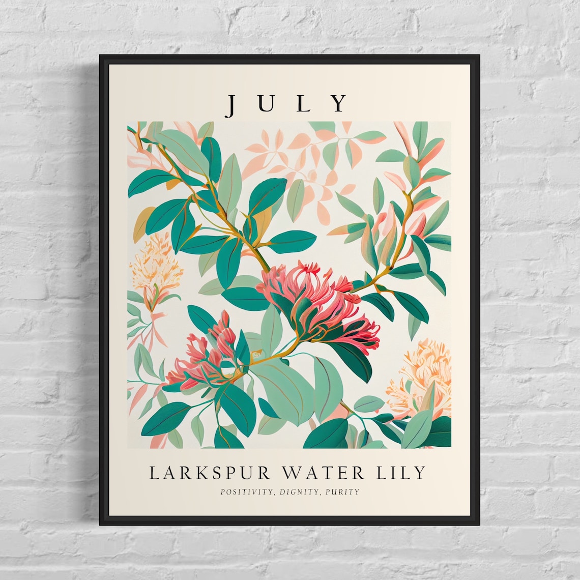 July Flower Month Larkspur Water Lily 1960s Art Print