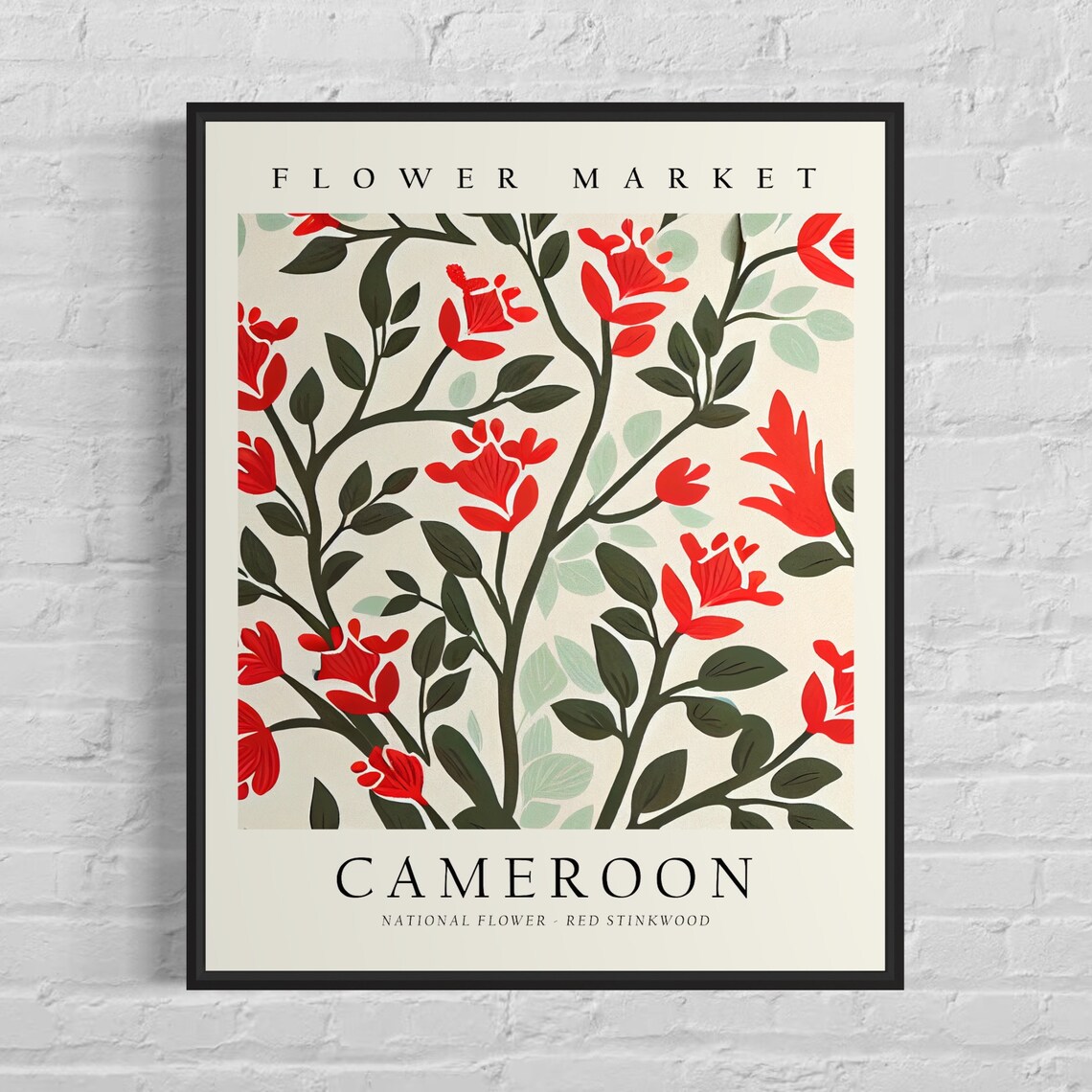 Cameroon Flower Market National Red Stinkwood Floral Vintage Poster