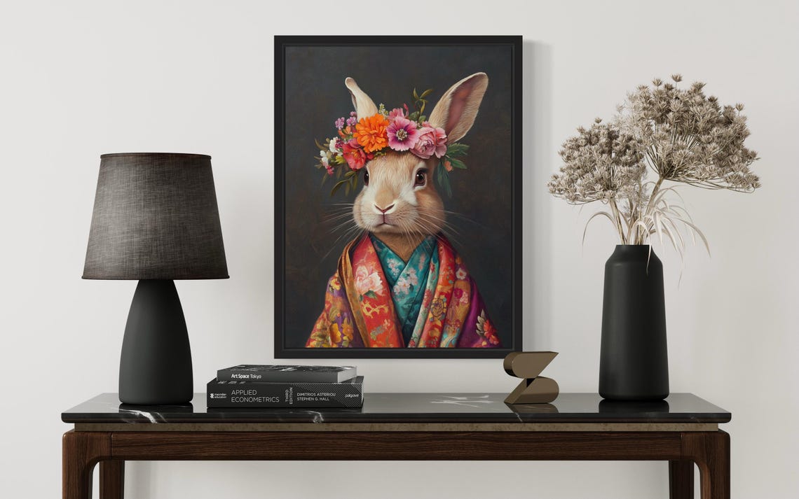 Rabbit Poster Art Print Animal Flowers In Kimono Wall Art Decor Painting Artwork Bedroom Decor - Image 2