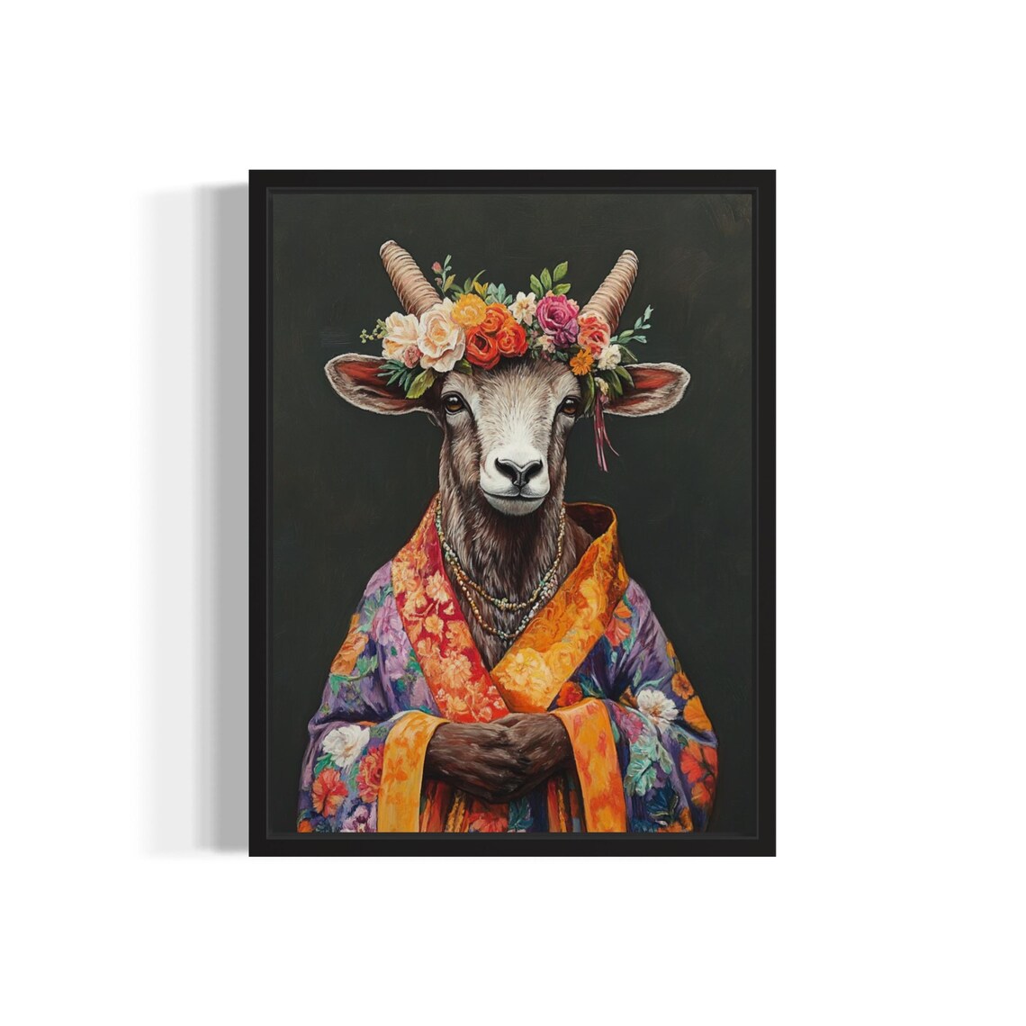 Ibex Portrait In Ornate Floral Kimono With Rose Flower Crown Art Print