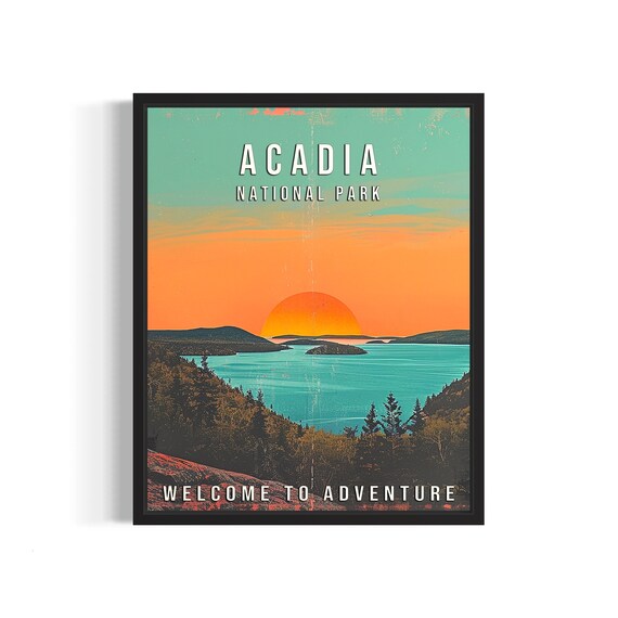 Acadia National Park Maine Coast Islands Sunset Retro Travel Poster