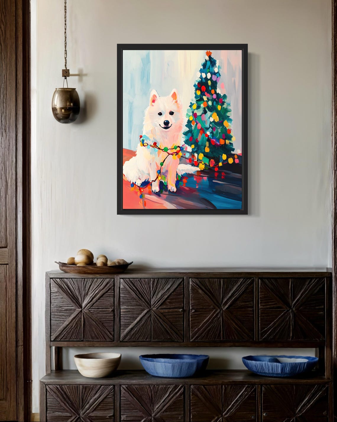 Samoyed Dog Wrapped in Colorful Christmas Lights Holiday Poster - Image 2