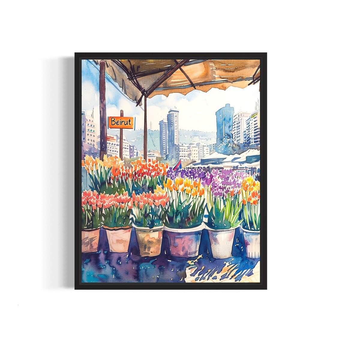 Beirut Lebanon Waterfront Watercolor Tulip Market Scene Poster