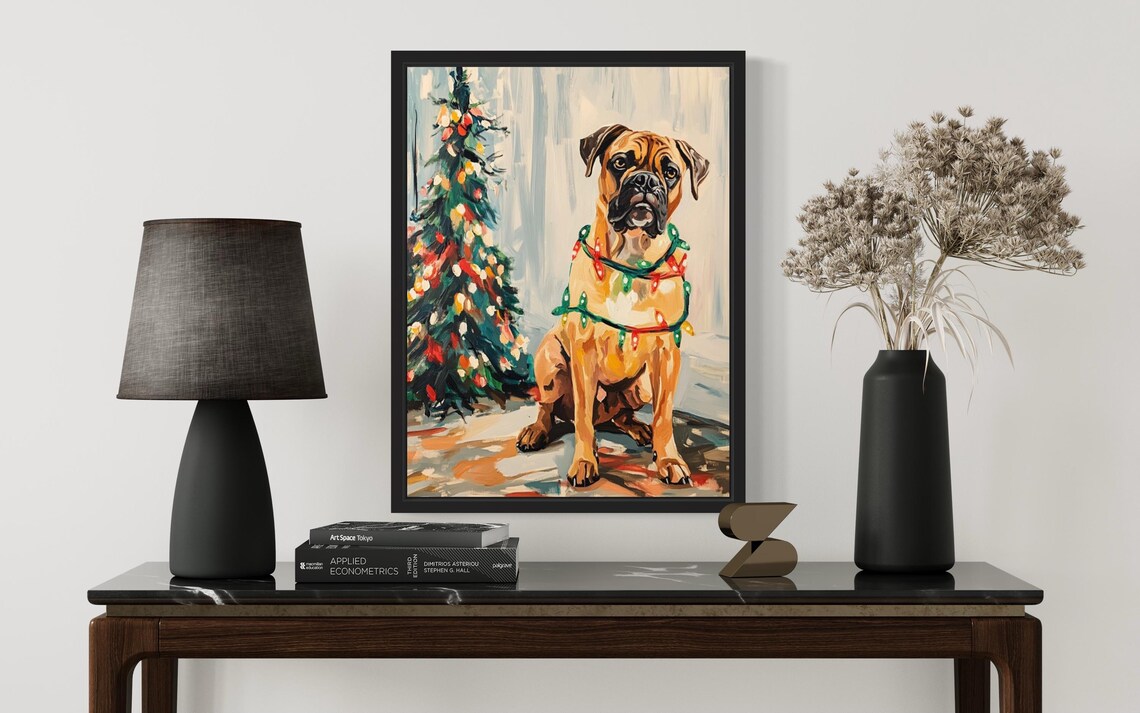Bullmastiff Dog Wrapped in Red and Green Christmas Lights Poster - Image 3