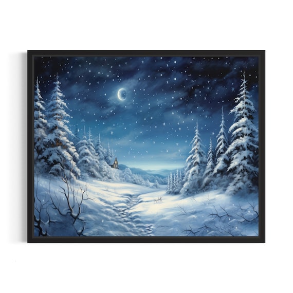 Winter Night Snowfall Crescent Moon Forest Landscape Art Print