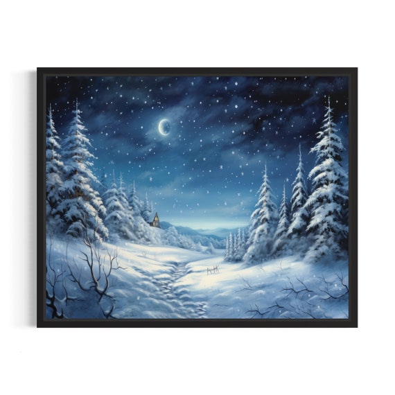 Winter Snowfall Night Moon Poster Art Print Winter Scenery Artwork Wall Art Painting