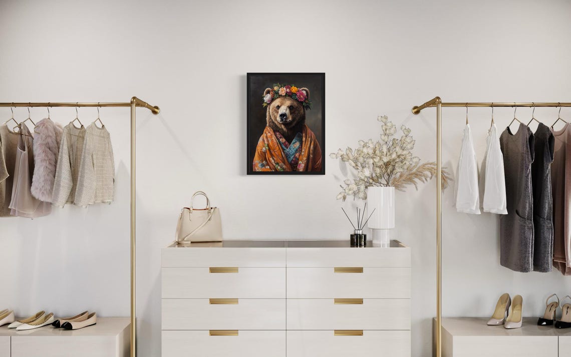 Brown Bear Poster Art Print Animal Flowers In Kimono Wall Art Decor Painting Artwork - Image 2