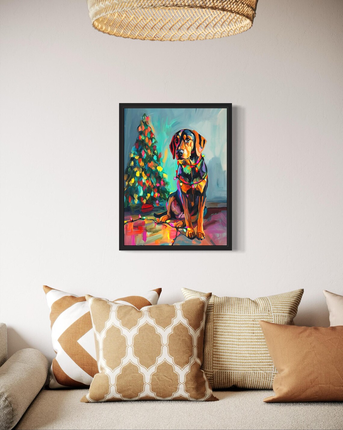 Bloodhound Dog Tangled in Colorful Christmas Lights Holiday Poster - Image 2