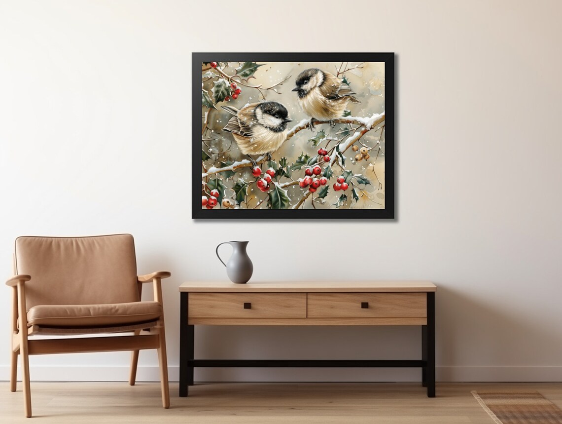 Winter Chickadees On Snowy Holly Branch Bird Painting Poster - Image 2