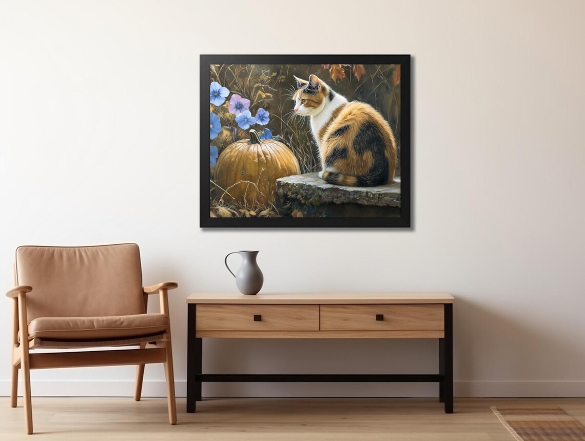 Calico Cat Sitting by Pumpkin with Morning Glories Autumn Animal Art Poster - Image 2