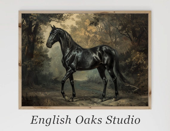 Vintage Black Horse Summer Forest Painting Moody Sprint Tree Landscape Equine Print