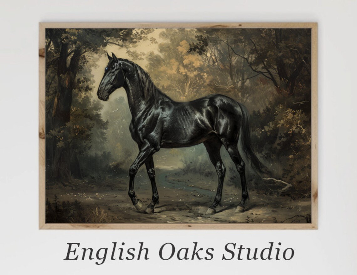 Black Stallion Moody Autumn Forest Antique Equine Oil Painting Poster