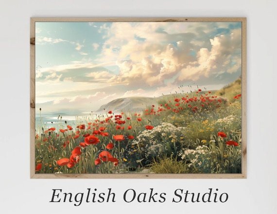 Red Poppies On Coastal Cliffs Overlooking The Sea Vintage Flower Poster