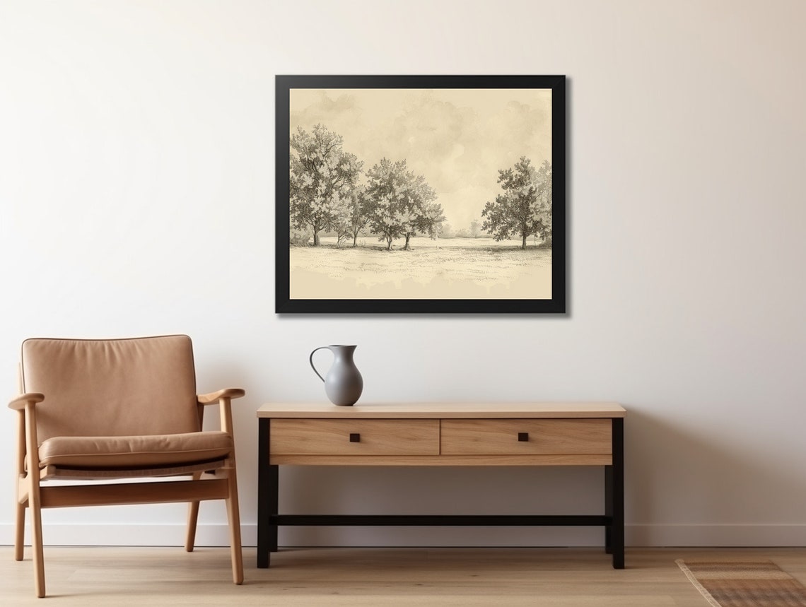 Sepia Sketch of Trees in a Quiet Field Vintage Etching Poster - Image 2