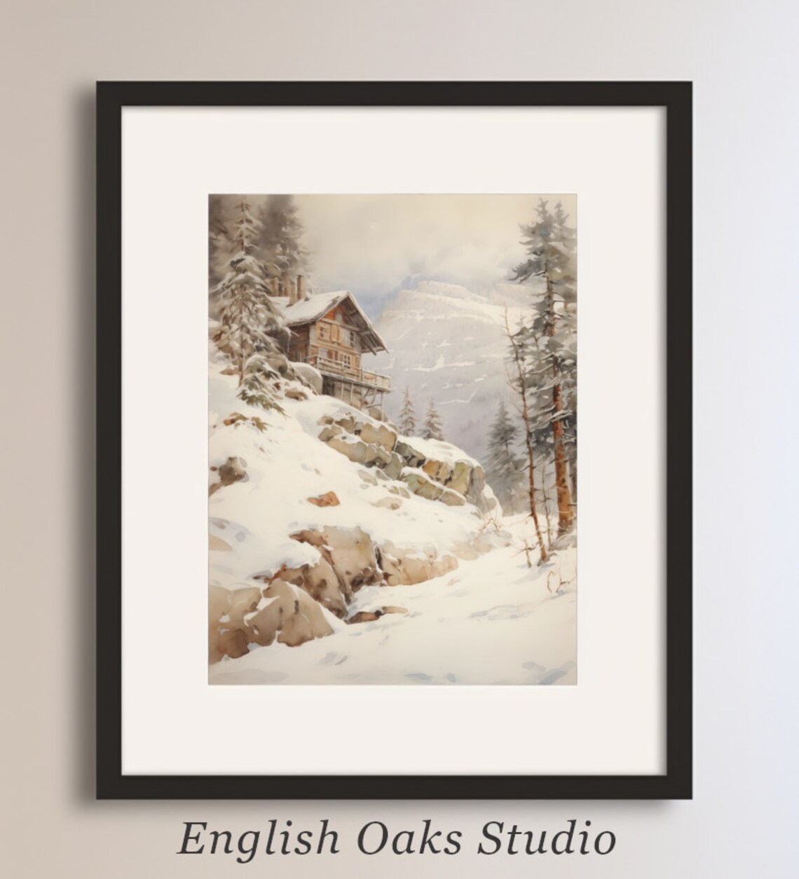 Wooden Mountain Chalet on Snowy Rocky Slope Alpine Winter Poster