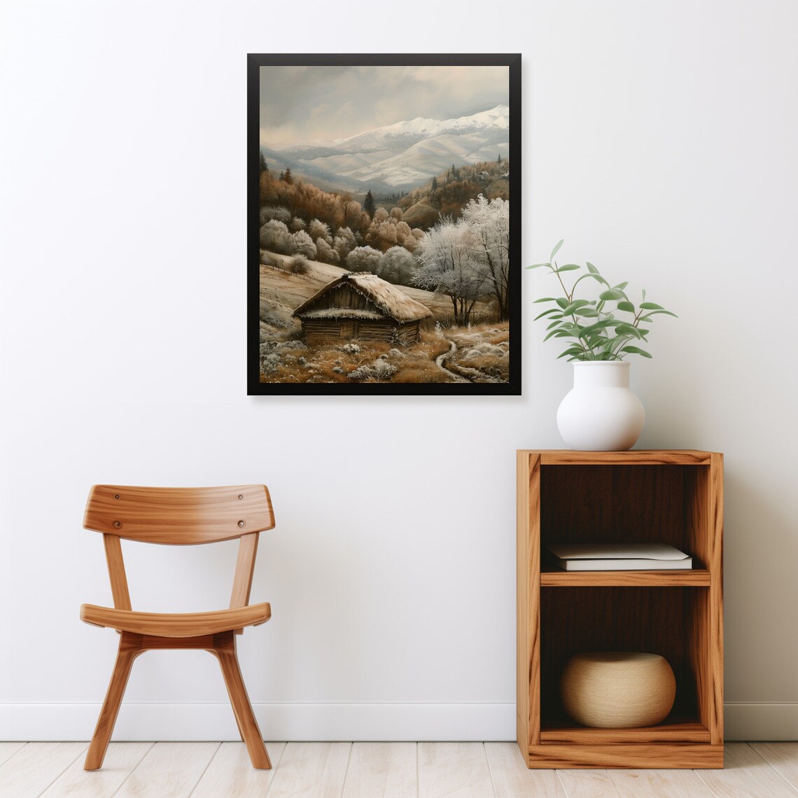 Rustic Wooden Hut Snowy Mountain Valley Frost Trees Neutral Tones Poster - Image 2
