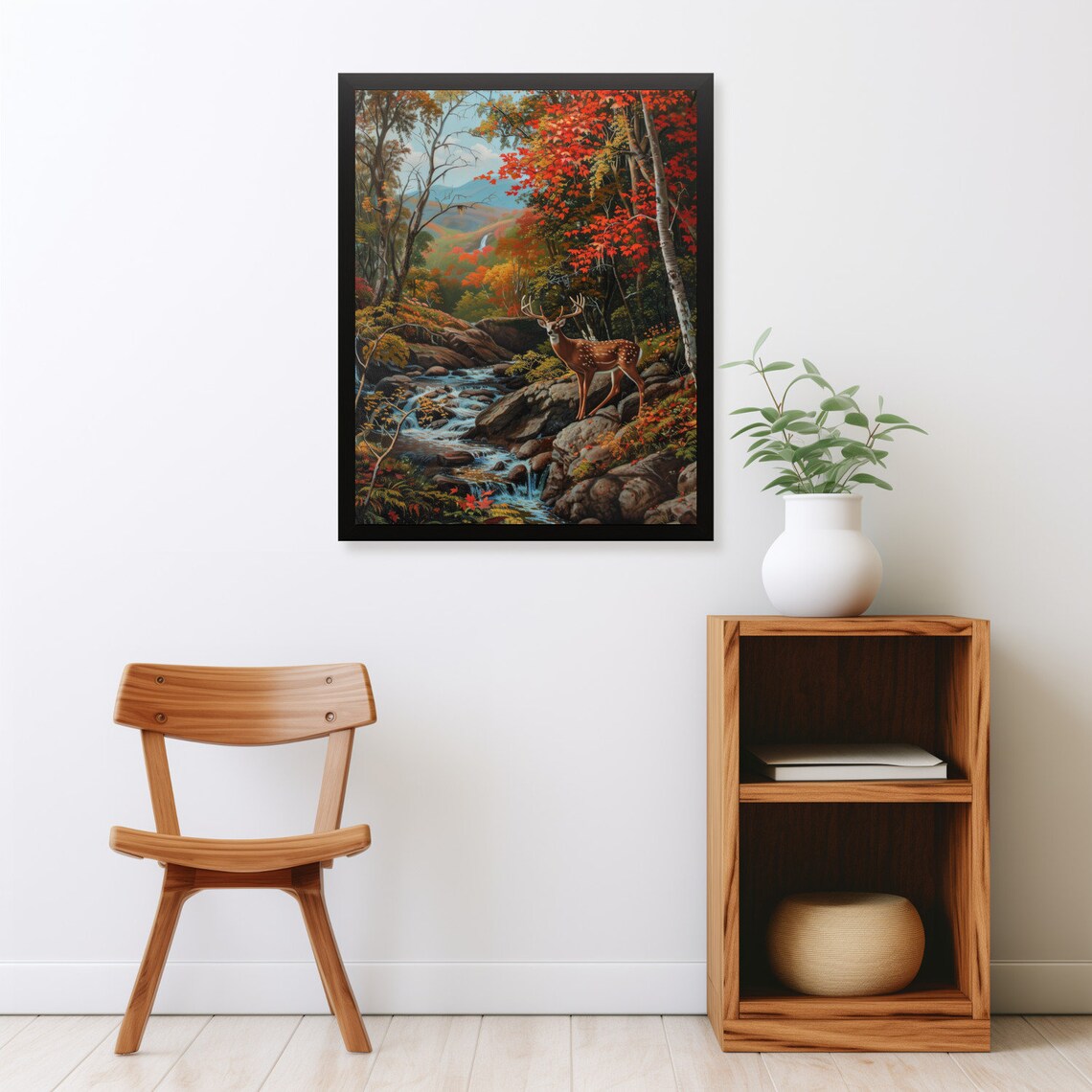 Majestic Stag Waterfall Painting Autumn Forest Deer Wildlife Poster - Image 2