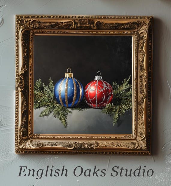 Moody Rustic Winter Blue And Red Ornaments Near Greenery On A Vintage Concrete Shelve Painting Christmas Ornaments Art Still Life Print
